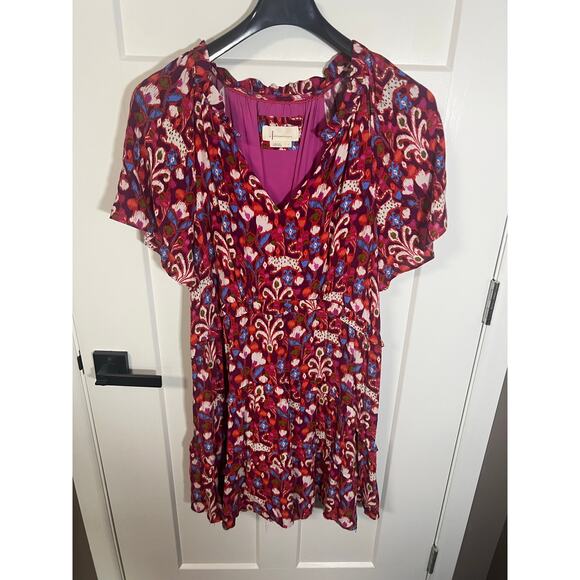 ANTHROPOLOGIE Robin Tiered Mini Dress Red Pink‎ Purple Ruffle VNeck Geo Sz L - Picture 6 of 11